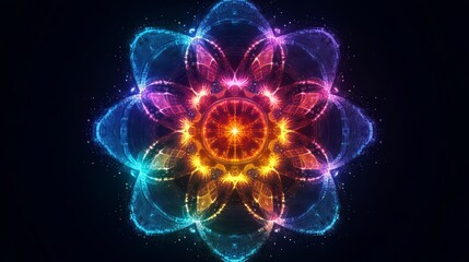 A futuristic holographic mandala design composed of vibrant pixelated sands, glowing and shifting colors, Holographic, Neon colors, Digital Art, floating above a minimalistic black background