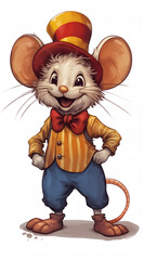 cheerful cartoon circus mouse in a striped outfit and bow tie