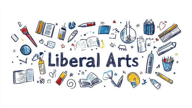 Naklejki The phrase "Liberal Arts" is showcased in bold typography against a clean white background, surrounded by a variety of icons representing different fields of education. These icons may include books, 