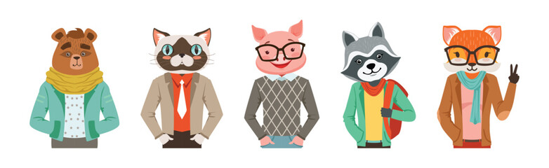 People Character with Animal Heads and Trendy Clothes Vector Set