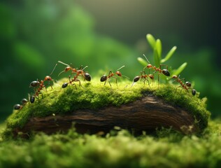 Ant tales, team of ants on green grass, teamwork concepts