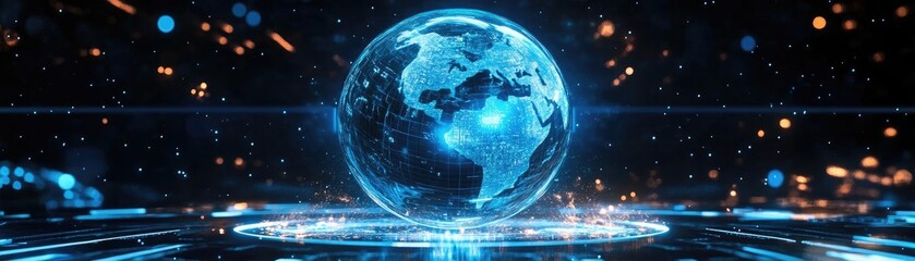 Naklejka premium A futuristic digital representation of Earth, showcasing advanced technology and vibrant blue hues, perfect for sci-fi themes.