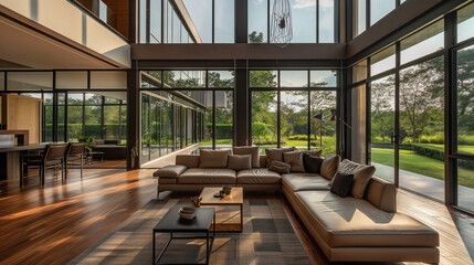 Spacious Living Room with Modern Decor and Garden Views, Floor-to-Ceiling Windows