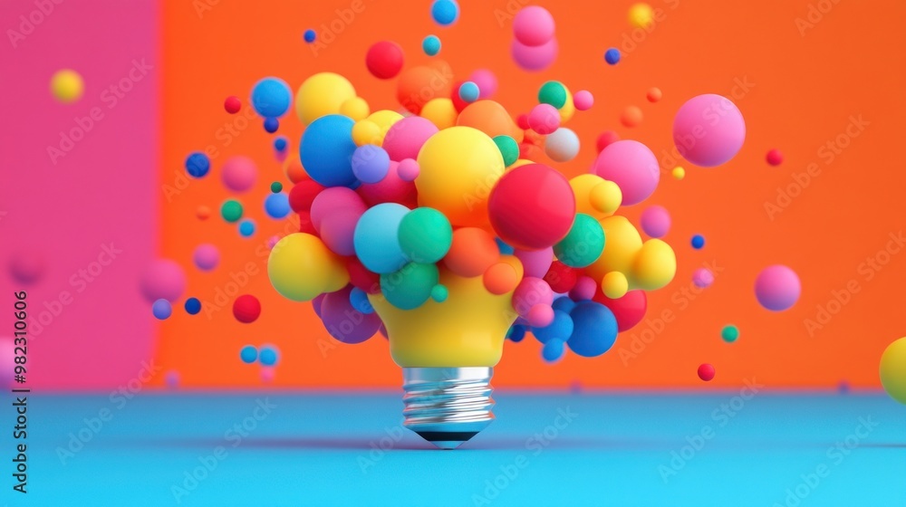 Poster a colorful explosion of spheres emanates from a light bulb, symbolizing creativity and ideas against