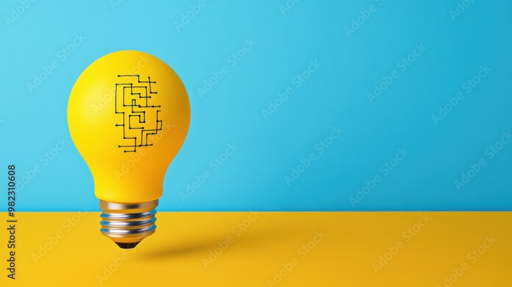 Poster a yellow light bulb featuring a maze pattern sits on a yellow surface against a blue background, sym