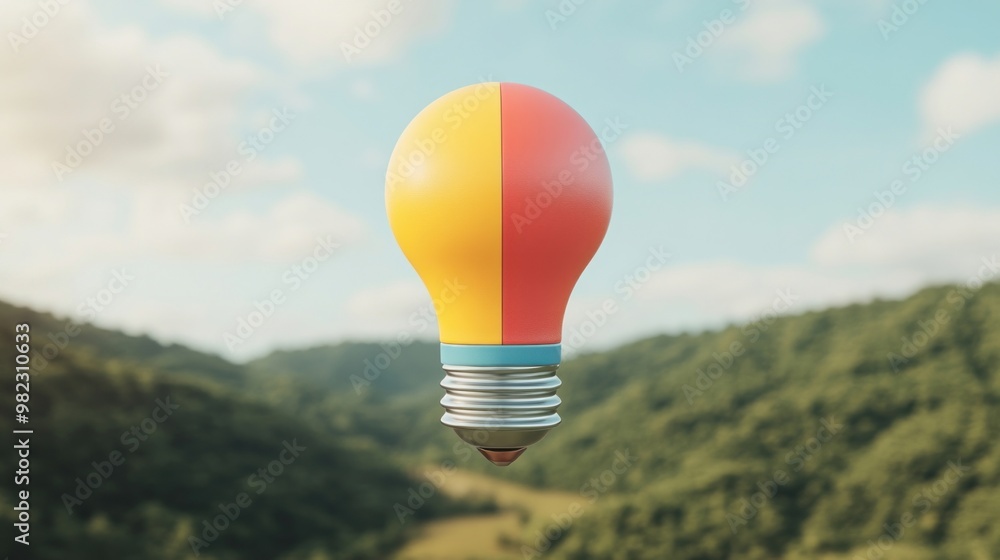Poster a colorful light bulb floats in a scenic landscape, merging nature and creativity in a visually stri