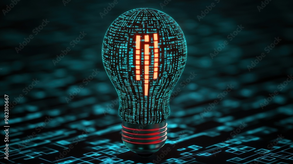 Aufkleber A digital light bulb illuminated with binary code, symbolizing innovation, technology, and the fusion of light and data.