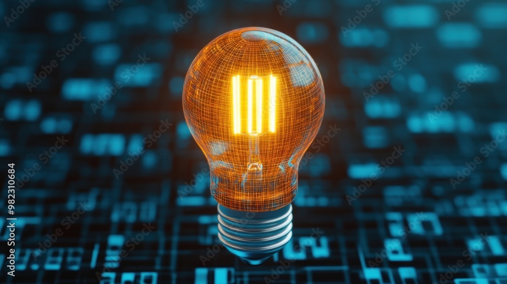 Poster A glowing light bulb with digital patterns in the background, symbolizing innovation and technology.