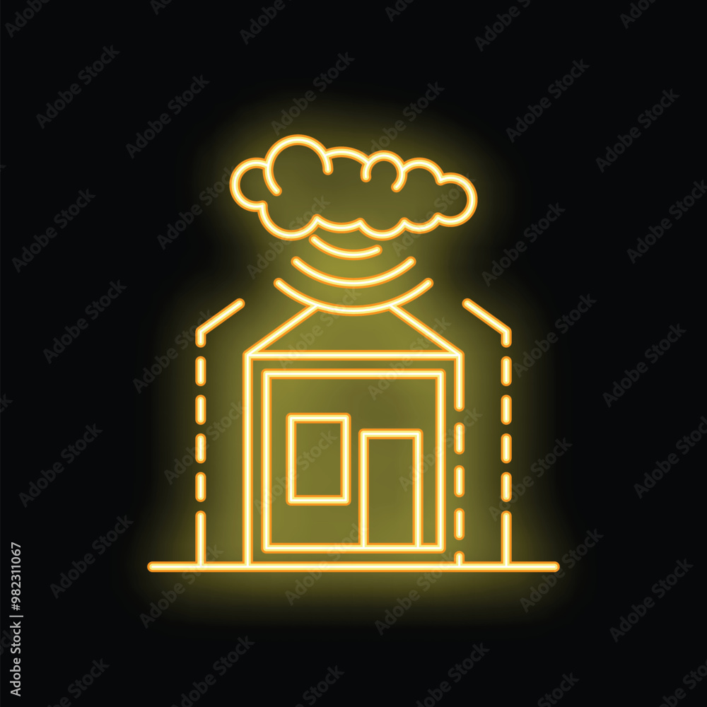 Poster glowing neon icon representing a smart home system connecting wirelessly to a cloud server for remot