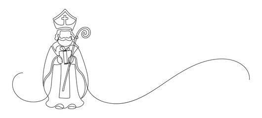 Happy Saint Nicholas Day. St. Nicolas holding gift. Continuous line drawing frame border. Winter holiday.