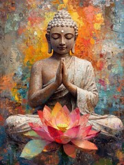 Buddha surrounded by colorful lotus flower, oil painting