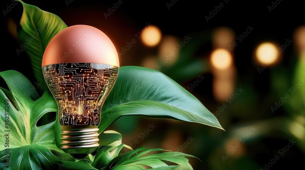 Aufkleber a glowing light bulb with intricate circuitry sits atop lush green leaves, symbolizing the blend of 