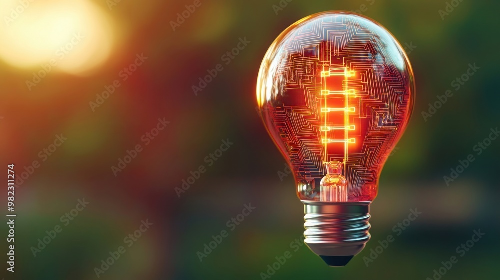 Poster A glowing light bulb with intricate circuit patterns, suspended in a colorful background, symbolizing innovation and technology.