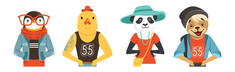 People Character with Animal Heads and Trendy Clothes Vector Set