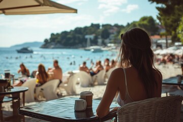 Rear view woman enjoying coffee by the beach while people swim and relax in the summer sun on a coastal afternoon