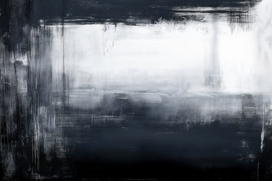Abstract painting with a black and white color scheme, featuring bold brushstrokes against a dark background.