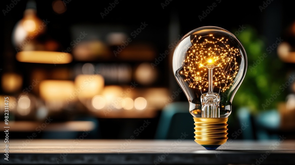 Aufkleber a glowing light bulb showcases intricate filament design, illuminating a stylish indoor space, empha