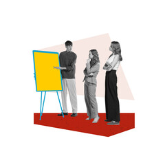 Man presenting to two women, pointing at blank yellow board. Business training, idea generation, and collaboration. Growing professional skills. Contemporary art. Concept of business, learn and lead