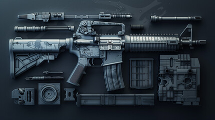 Disassembled tactical rifle parts laid out in an organized flat lay on a dark background with intricate detailing and textures