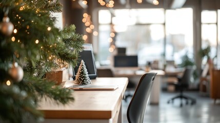 Open office space decorated for Christmas holidays with trees and ornaments, creating warm and festive atmosphere at workplace