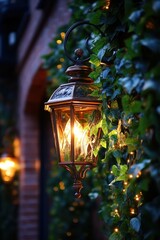 A close-up of ivy wrapping around a vintage streetlamp