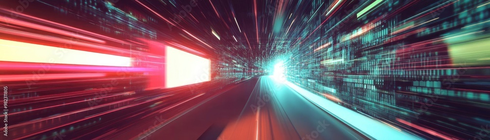 Poster A vibrant, abstract representation of motion and technology with dynamic light trails and a futuristic digital environment.