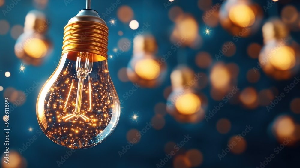 Poster a glowing light bulb surrounded by shimmering bokeh effects, creating a warm, inviting atmosphere.