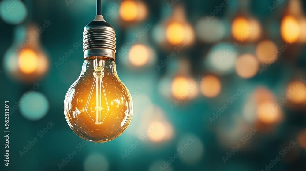 Poster a glowing light bulb hangs in focus, emitting a warm glow, surrounded by softly blurred, illuminated