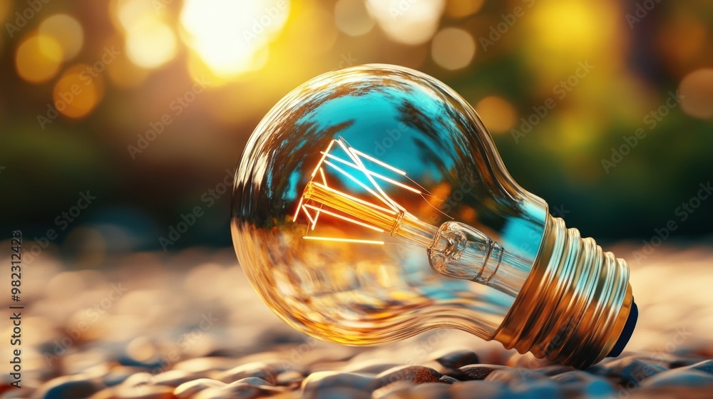Poster a close-up of a light bulb resting on pebbles, illuminated by warm sunlight, evoking themes of creat