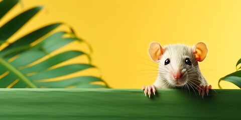 Cute funny rat with blank board on color background, closeup
