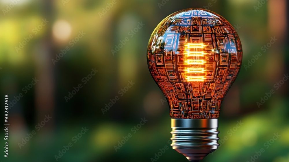 Poster a glowing light bulb with a unique patterned design stands out against a blurred green background, s