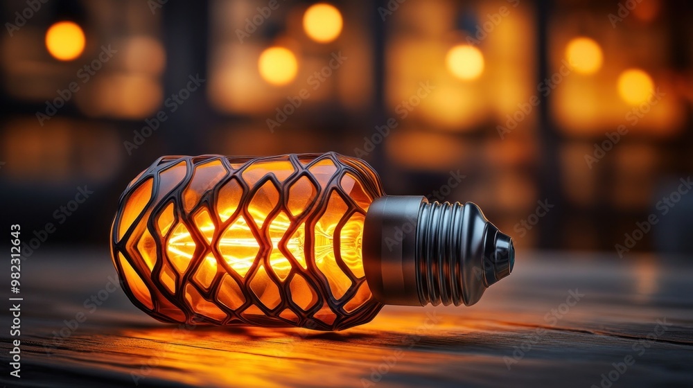 Aufkleber a decorative light bulb with a warm glow, featuring a unique geometric design, sits on a wooden surf