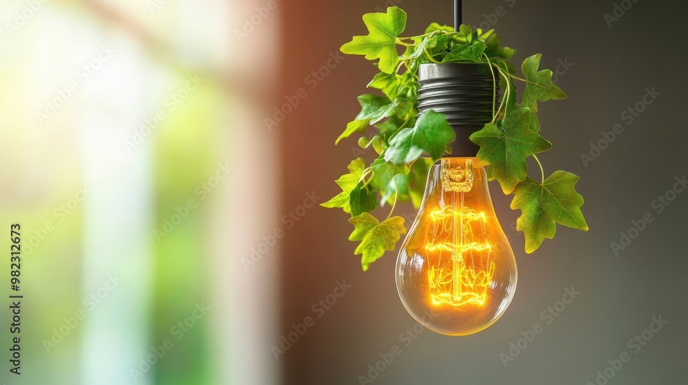 Poster a glowing light bulb adorned with lush green leaves, symbolizing a blend of nature and innovation, c