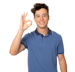 Photo of teenage boy with thumb up against transparent background