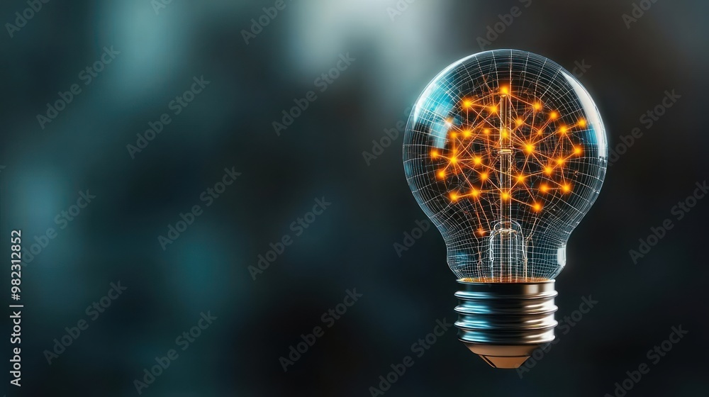 Poster A glowing light bulb with intricate filament patterns, symbolizing innovation and creativity against a blurred backdrop.