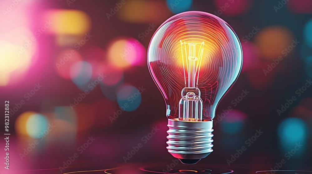 Poster a glowing light bulb illuminated against a colorful bokeh background, symbolizing creativity and ins