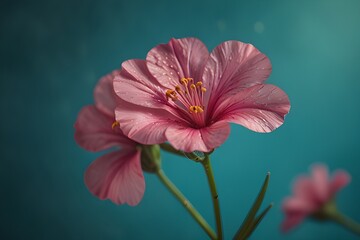 Beautiful pink flax flower on a turquoise blue background, toned image. Natural spring art...