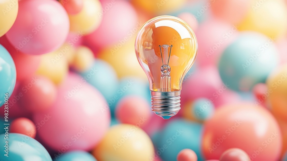 Aufkleber a glowing light bulb floats above colorful spheres, creating a vibrant and playful atmosphere that s