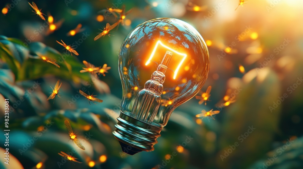 Poster a glowing light bulb surrounded by shimmering particles sets against lush greenery, symbolizing inno
