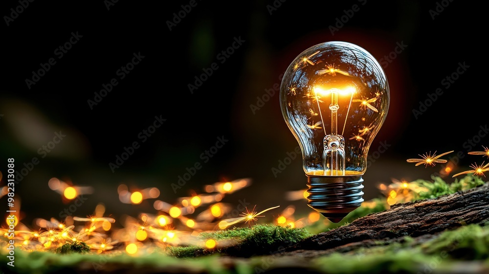 Poster a glowing light bulb sits on a mossy log, surrounded by twinkling lights, creating a magical ambianc