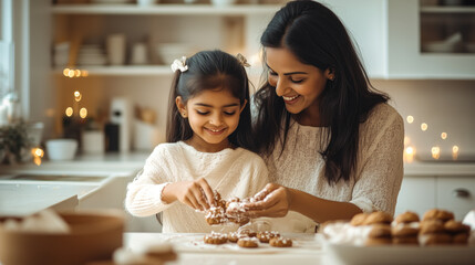 Indian mother and daughter baking cookies together in the kitchen
