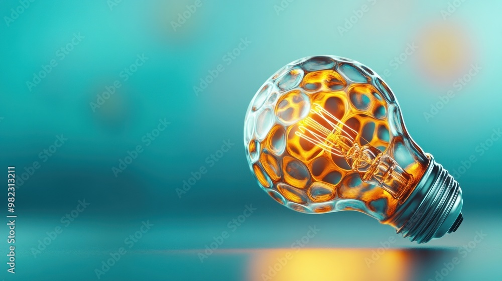 Poster a glowing light bulb with a unique honeycomb design, casting warm light against a soft turquoise bac