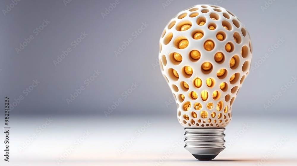 Poster a unique, artistic light bulb design featuring a textured surface with numerous openings, emitting a