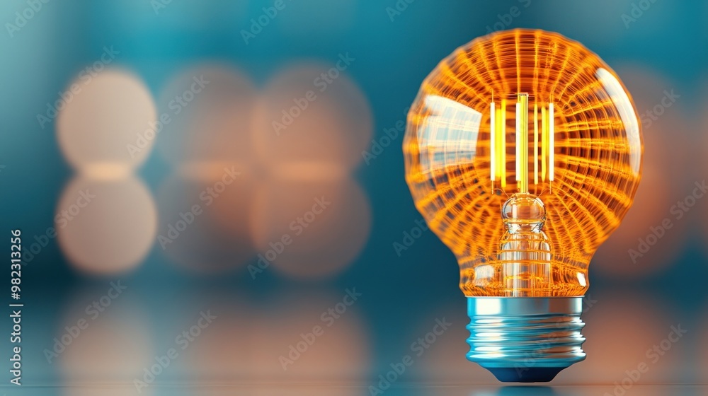 Poster a glowing orange light bulb with a unique design, against a soft blue bokeh background, adds a warm 