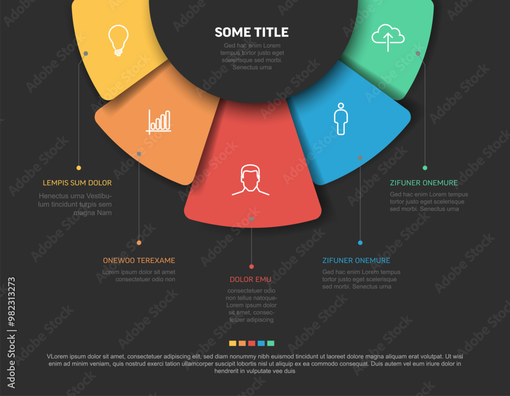Poster vector multipurpose infographic template with five rounded elements on the top, description and icon