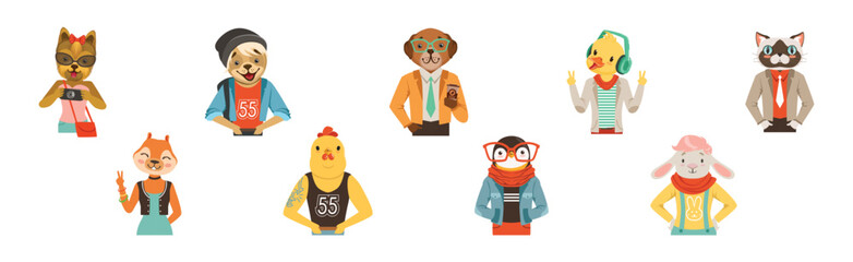 People Character with Animal Heads and Trendy Clothes Vector Set