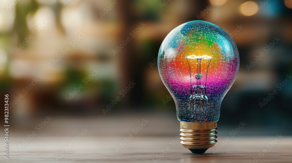 Poster a colorful light bulb emitting a spectrum of hues, symbolizing creativity and innovation, with a blu