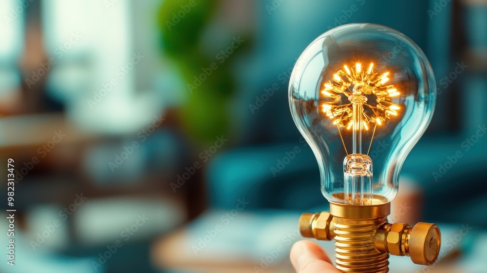 Poster a hand holds an illuminated vintage light bulb with a warm glow, showcasing intricate filament patte