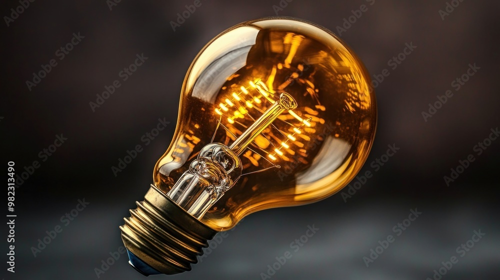 Poster a glowing vintage light bulb with an intricate filament illuminated against a dark background.