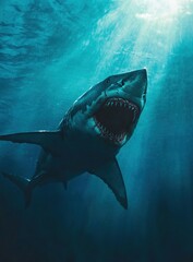 Fototapeta premium The powerful white shark rises from the depths showcasing its sharp teeth and strength